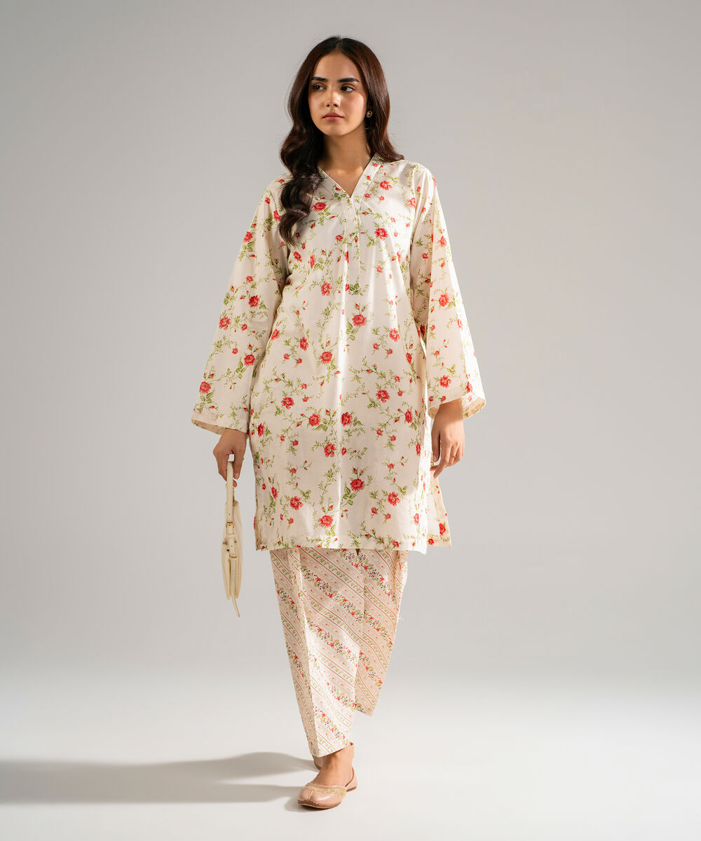 Women's RTW Lawn Printed Off White Straight Shirt