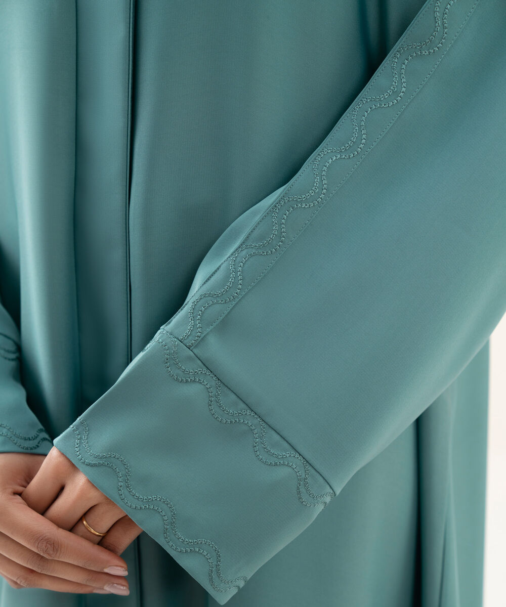 Women's turquoise button through Abaya with embroidery