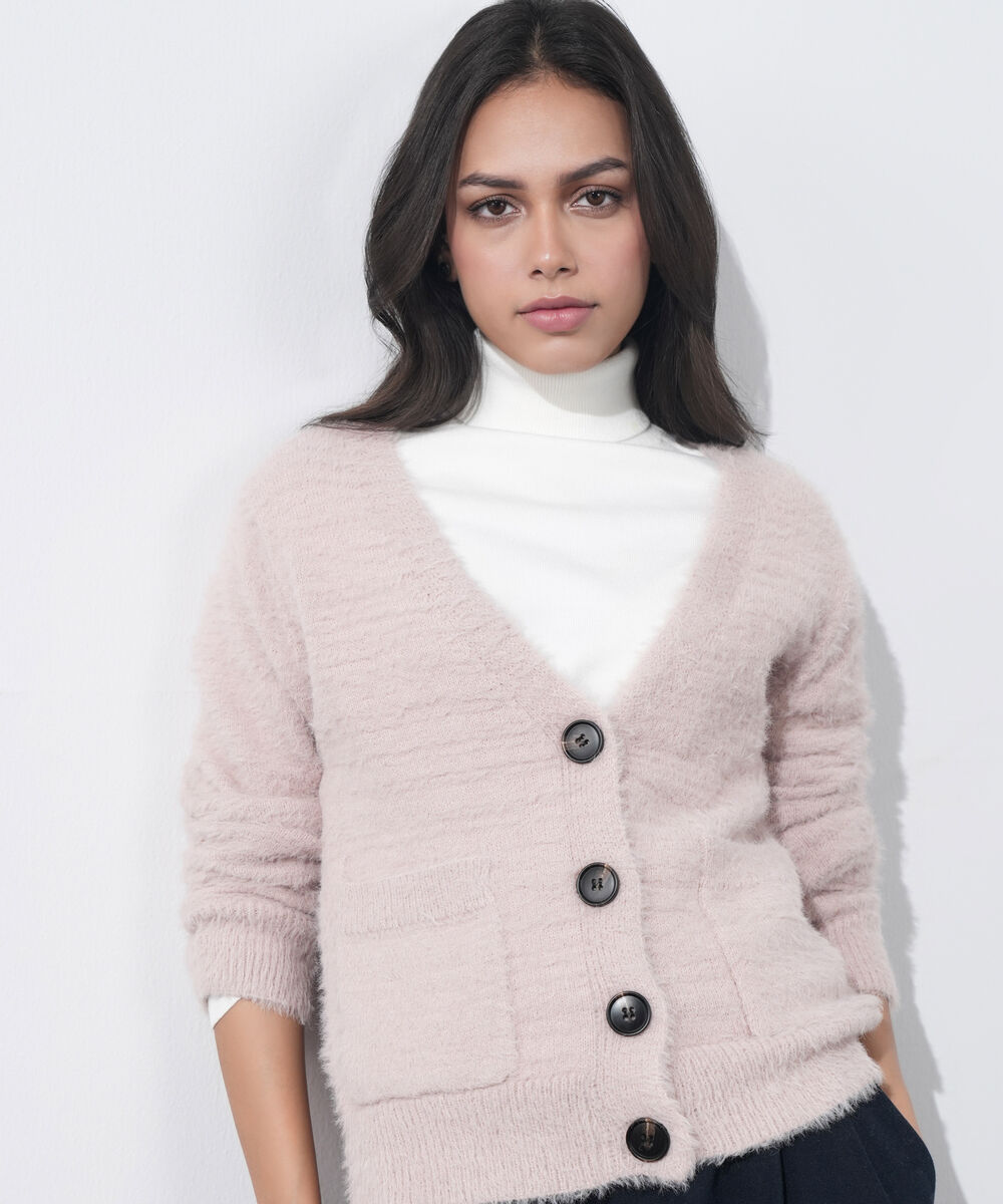 Women's Western Wear Powder Pink Fuzzy Knit Cardigan
