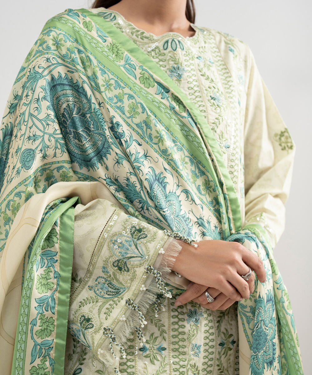 Women's Unstitched Lawn Embroidered Off White 3 Piece Suit