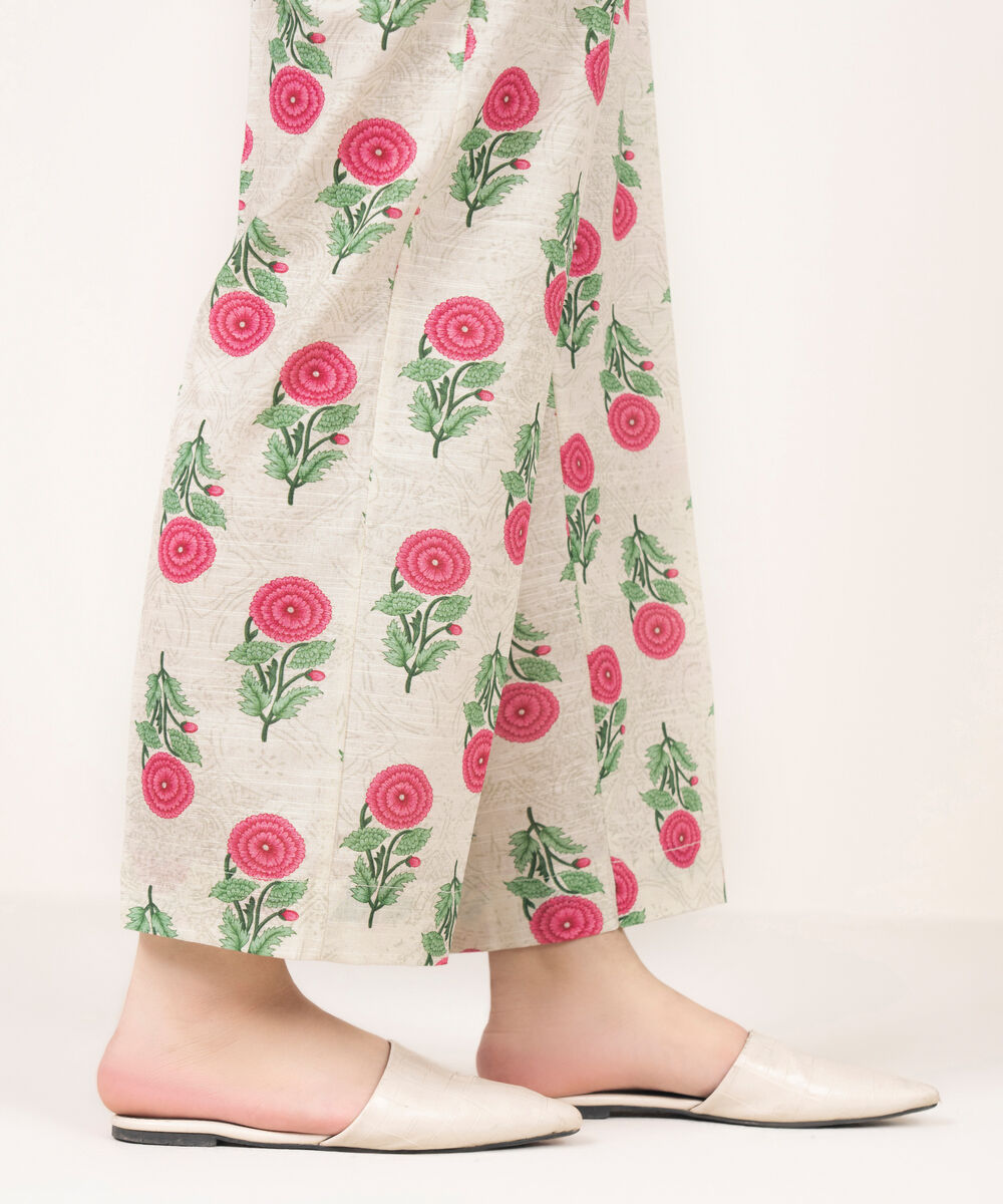 Women's RTW Light Khaddar Printed Off White Straight Pants