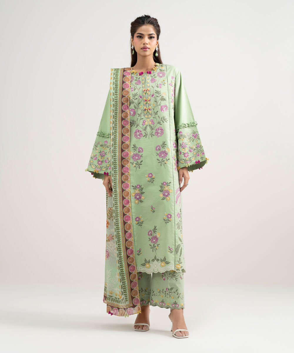 Women's Unstitched Lawn Embroidered Green 3 Piece Suit