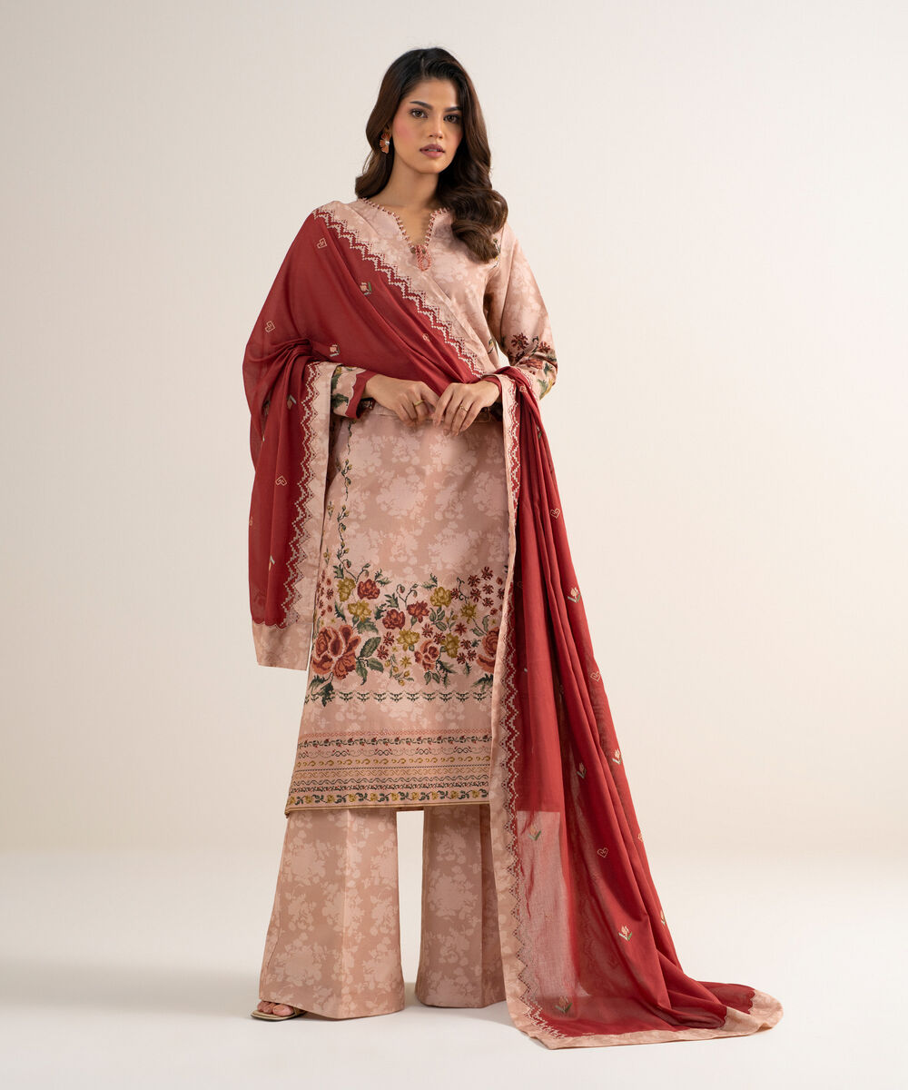 Women's Unstitched Cotton Embroidered Pink