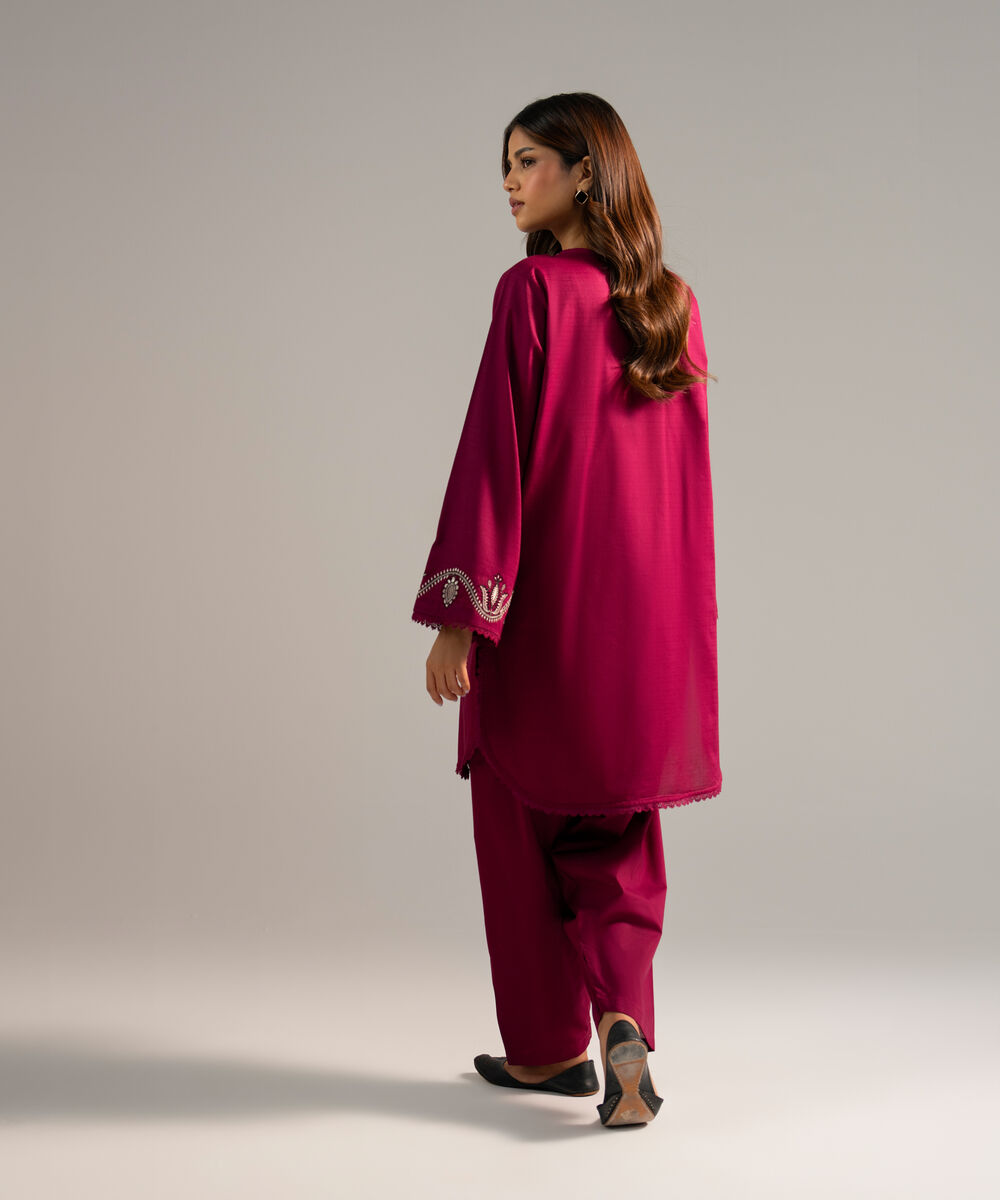 Women's RTW Dobby Embroidered Purple Straight Shirt
