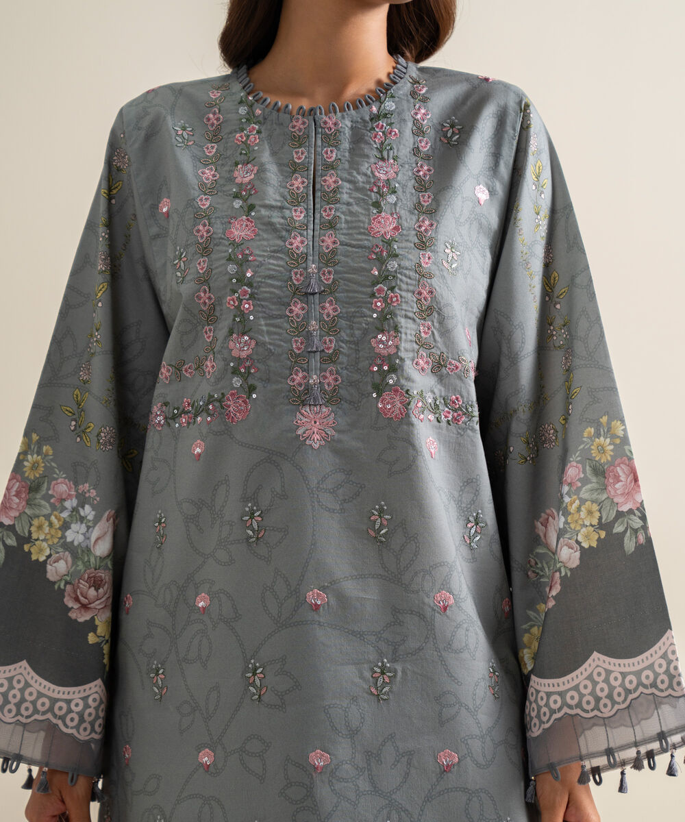 Women's Unstitched Lawn Embroidered Grey 3 Piece Suit