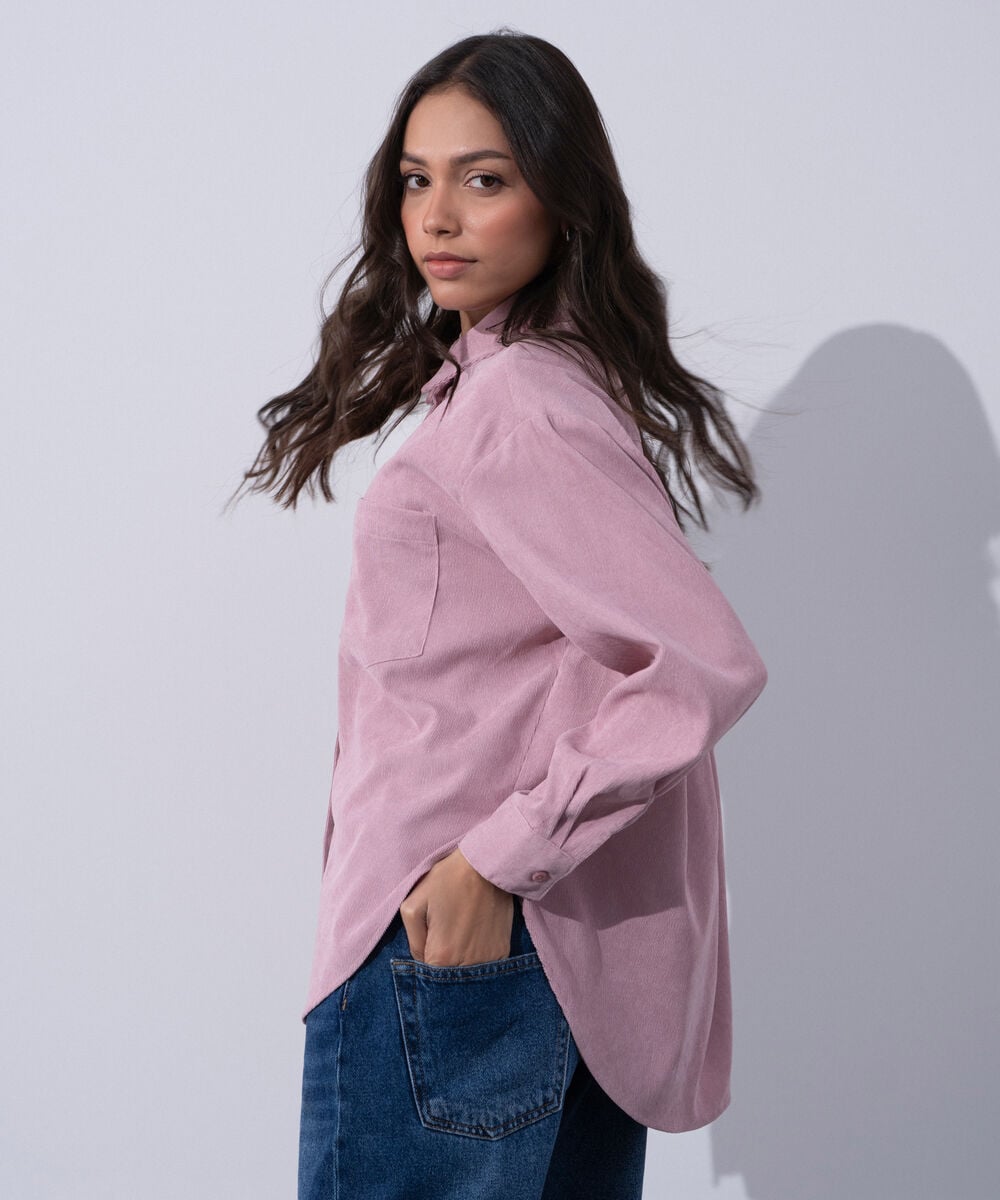 Women's Western Wear Pink Polyester Button Through Corduroy Shirt
