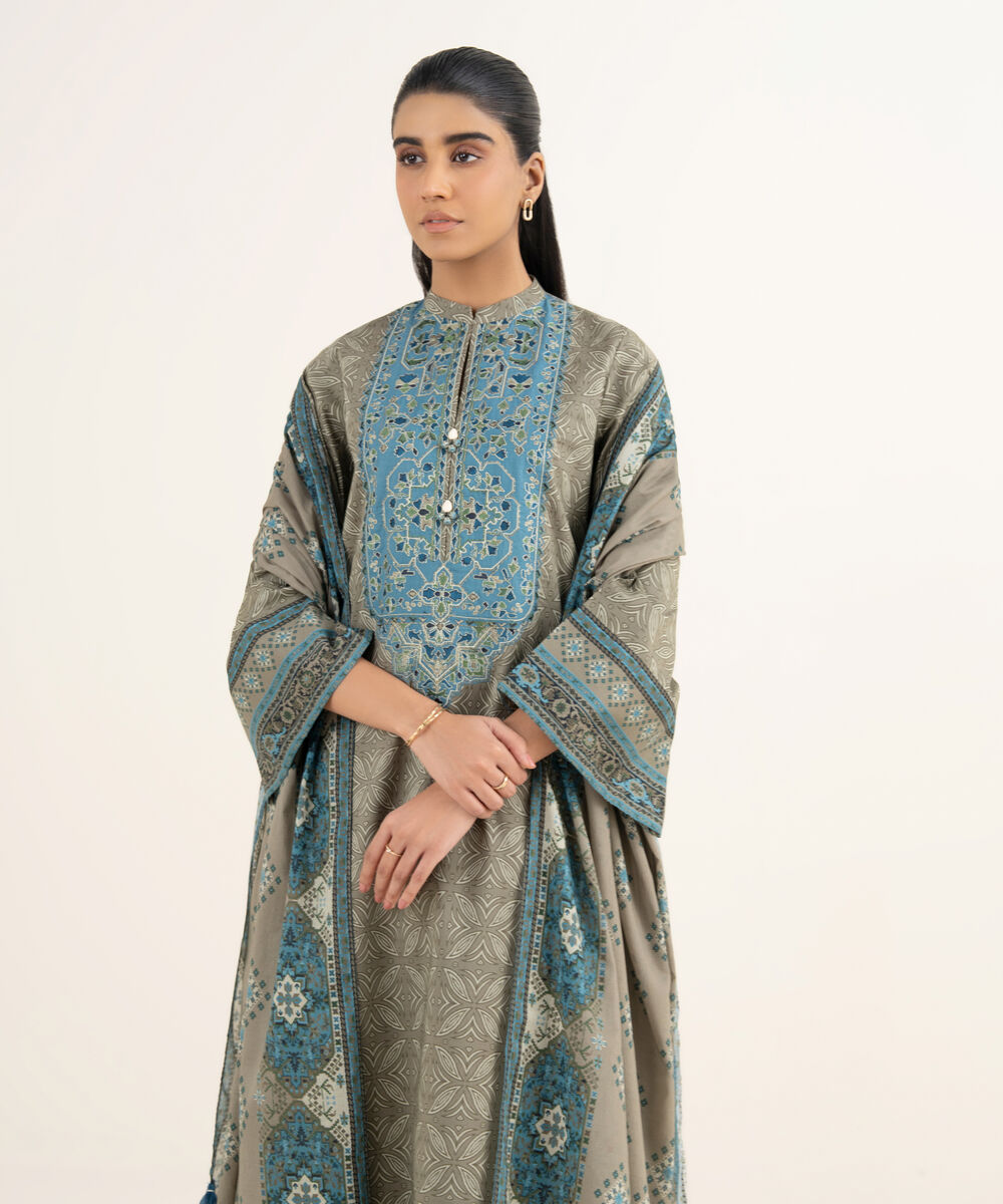 Women's Unstitched Lawn Printed Beige 3 Piece Suit