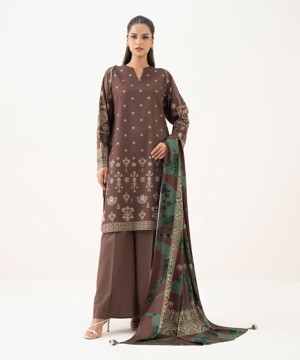 Women's Unstitched Linen Printed Brown 3 Piece Suit