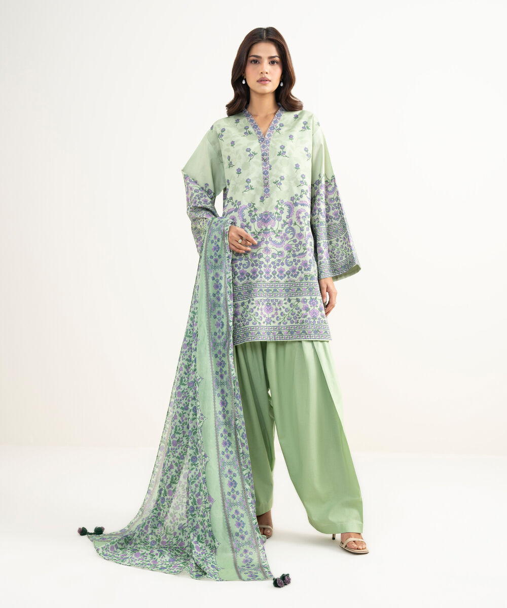 Women's Unstitched Zari Lawn Printed Green 3 Piece Suit