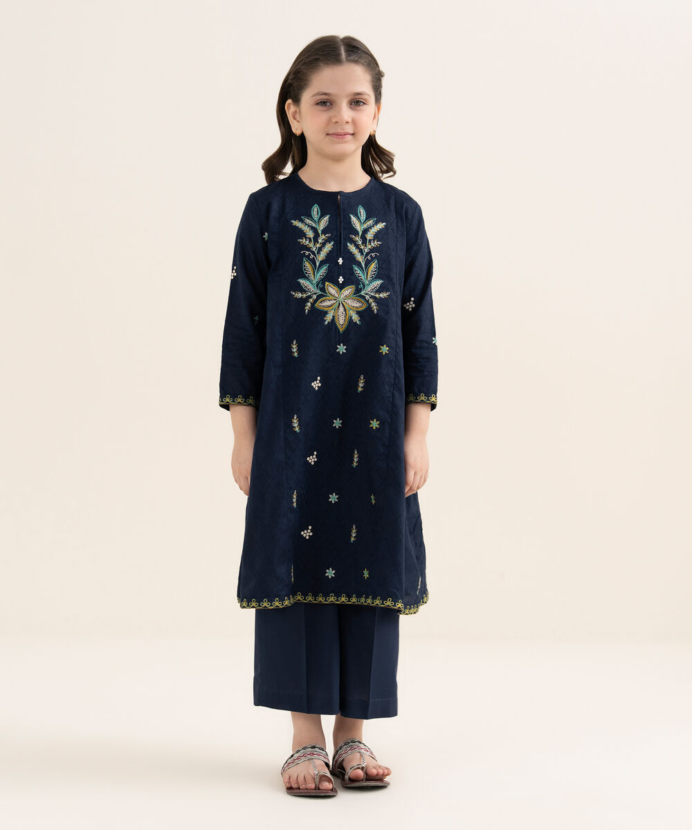 Girl's Self Jacquard Embroidered Blue 2 Piece Suit