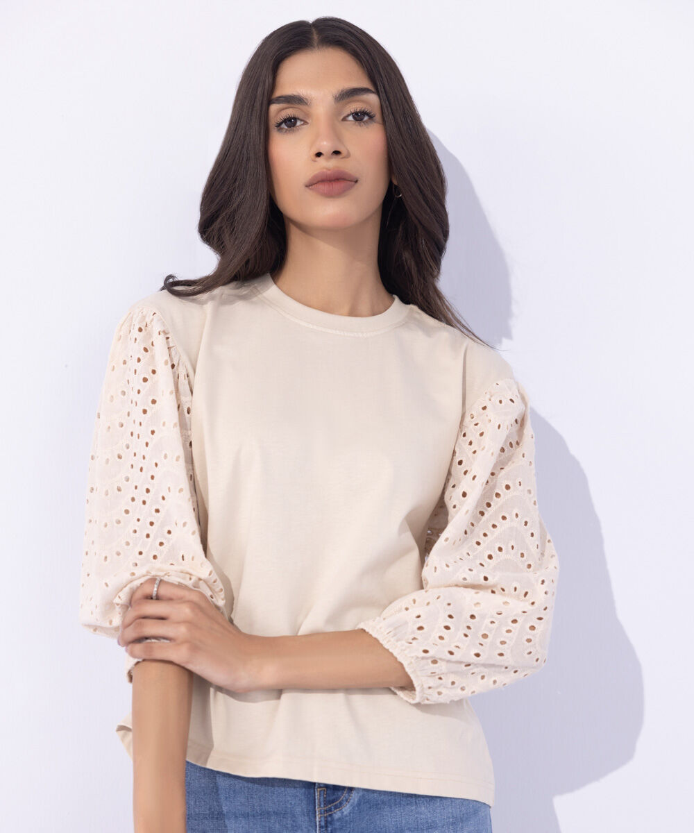 Women's Western Wear Beige T-Shirt With Woven Embroidered Sleeves