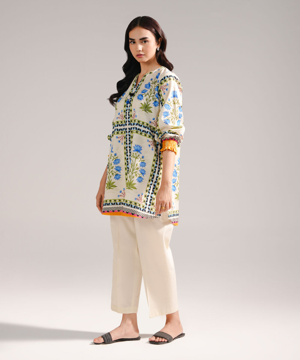 Women's RTW Textured Lawn Printed Off White Straight Shirt