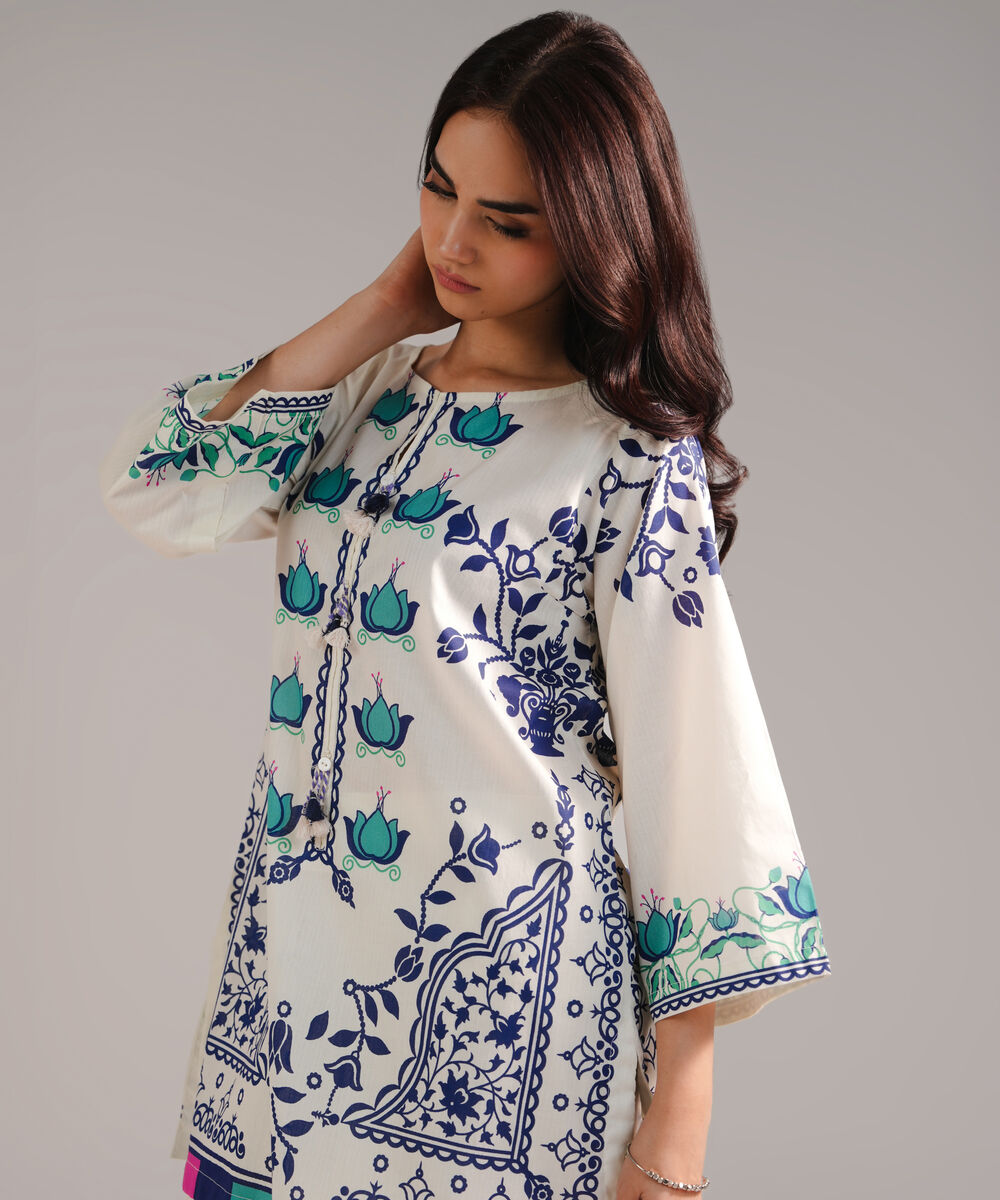 Women's RTW Cambric Printed Off White Straight Shirt