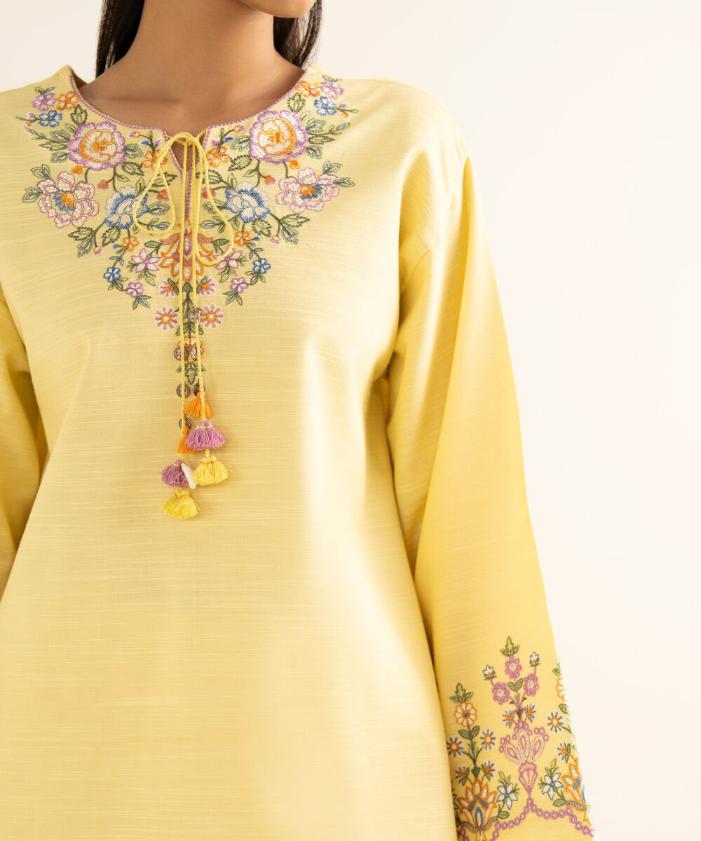 Women's Unstitched Cotton Embroidered Yellow 3 Piece Suit