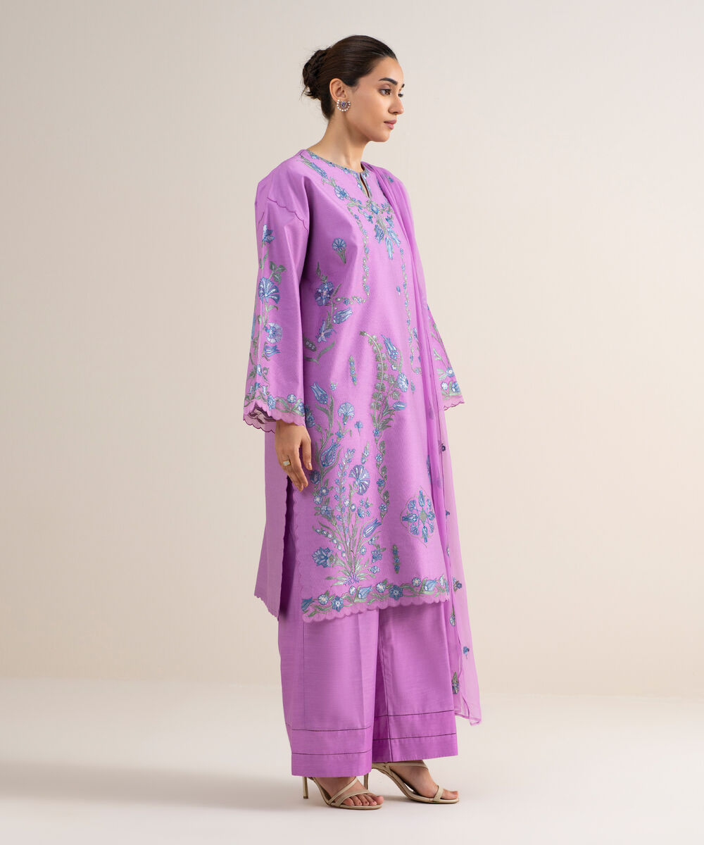 Women's Unstitched Cotton Net Embroidered Purple 3 Piece Suit