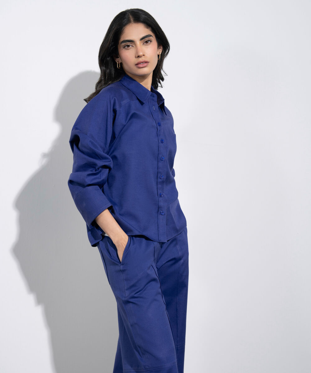 Women's Western Blue Relaxed-Fit Linen Blend Shirt