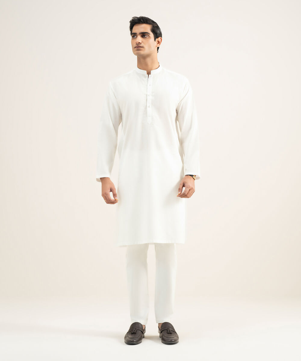 Men's Stitched Cotton Jacquard Off White Kurta