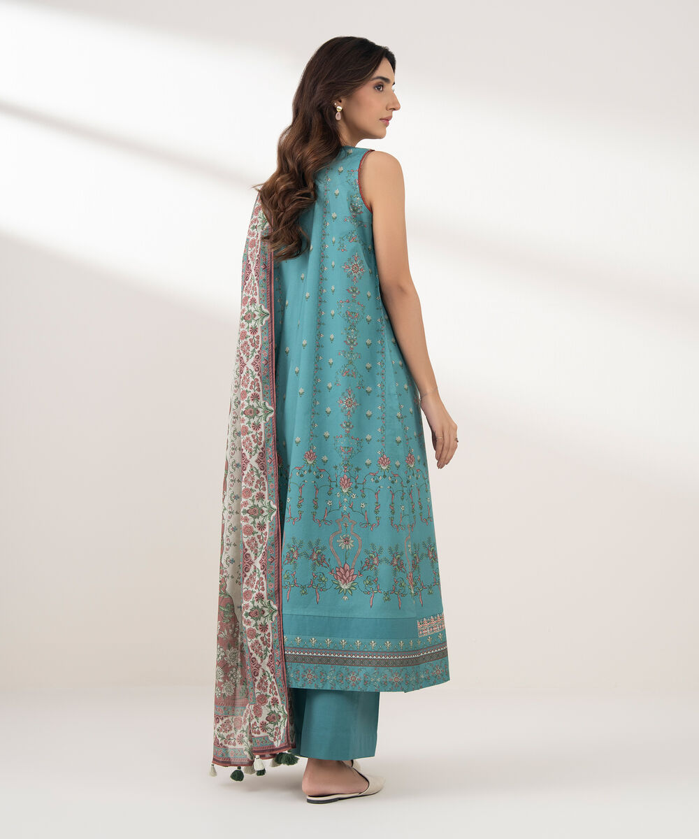 Women's Unstitched Lawn Printed Blue 3 Piece Suit