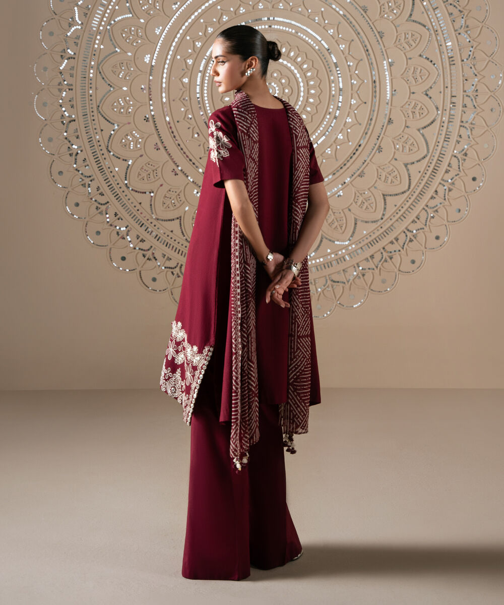 Women's Unstitched Dobby Embroidered Red 3 Piece Suit