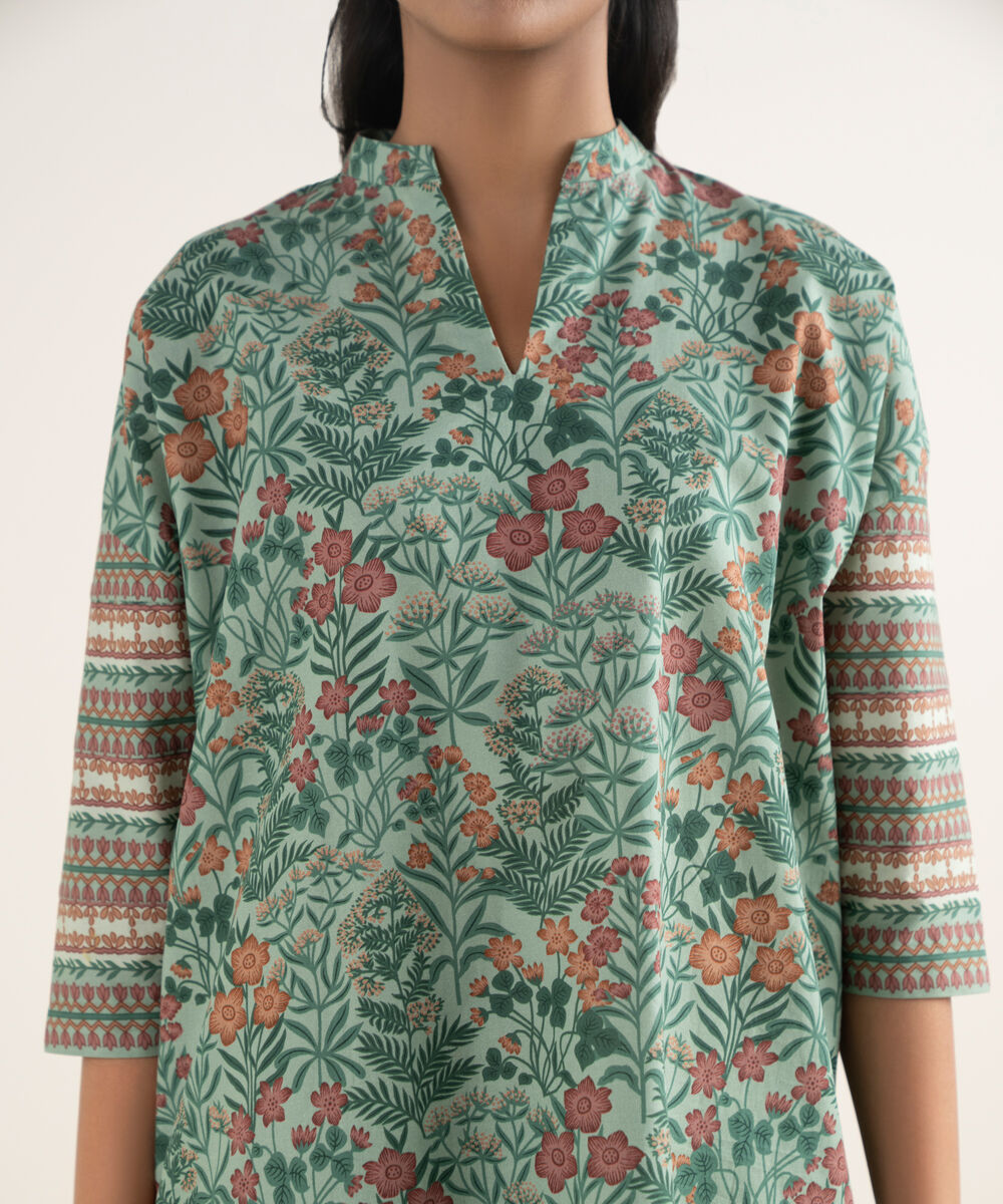 Women's Unstitched Cotton Printed Green 3 Piece Suit