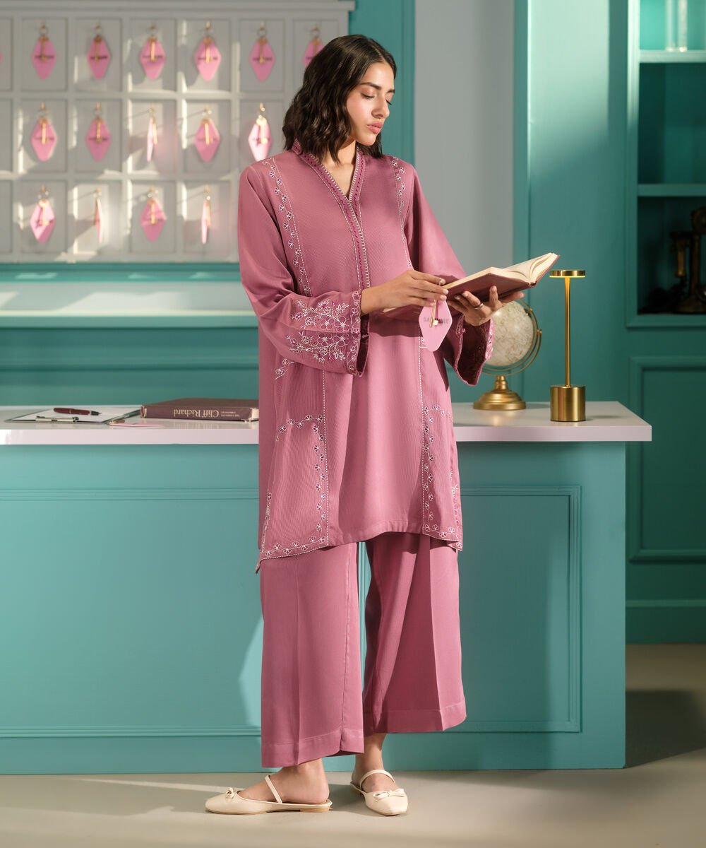 Women's RTW Bedford  Embroidered Pink Straight 2 Piece Suit