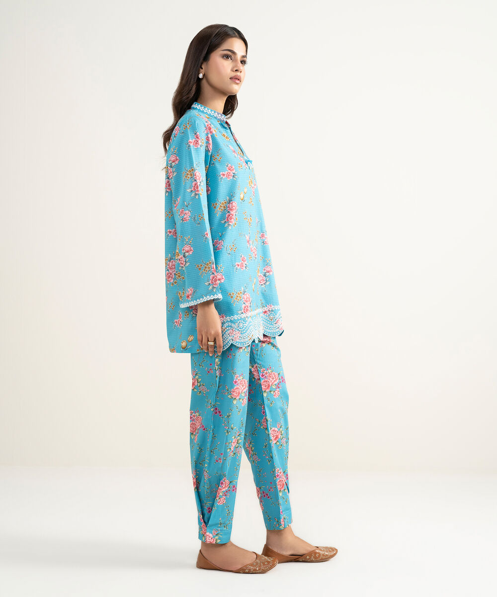 Women's RTW Dobby Embroidered Blue Straight Shirt