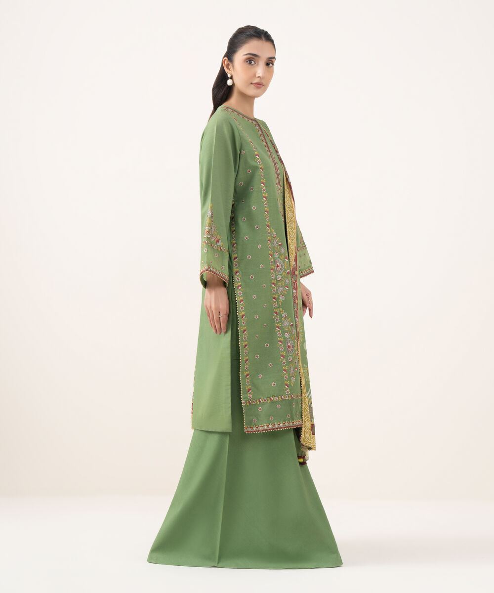 Women's Unstitched Textured Cotton Embroidered Green 3 Piece Suit