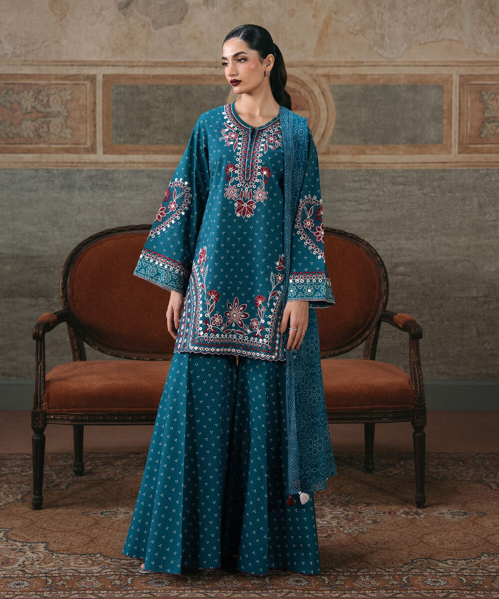 Women's Unstitched Lawn Embroidered Blue 3 Piece Suit