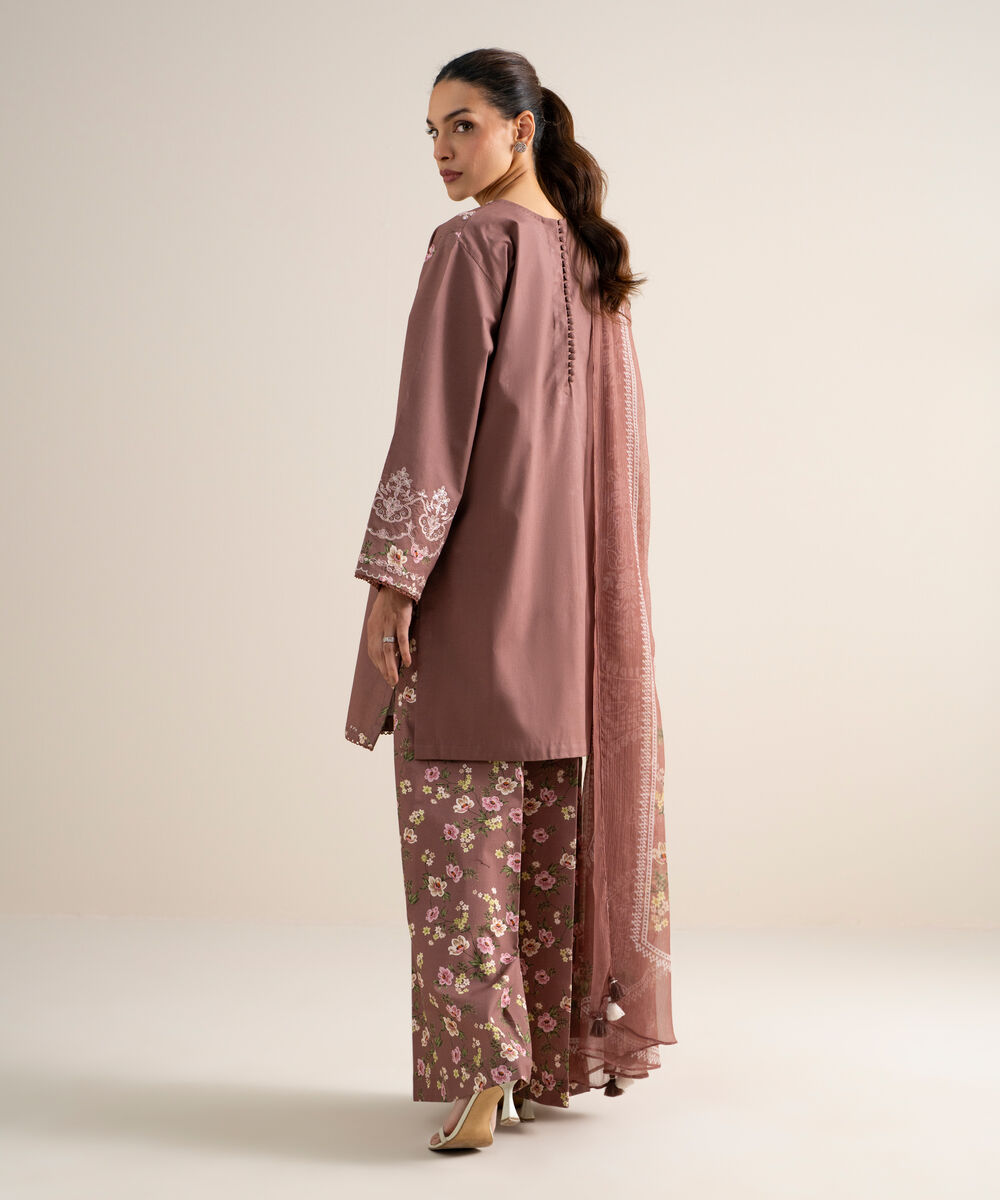 Women's Unstitched Slub Lawn Embroidered Brown 3 Piece Suit