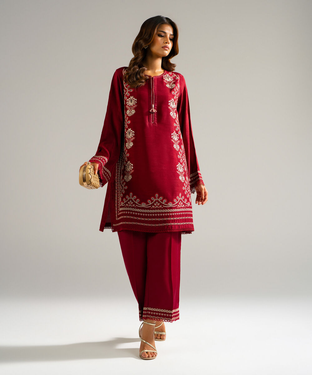Women's RTW Raw Silk Embroidered Maroon 2 Piece Suit