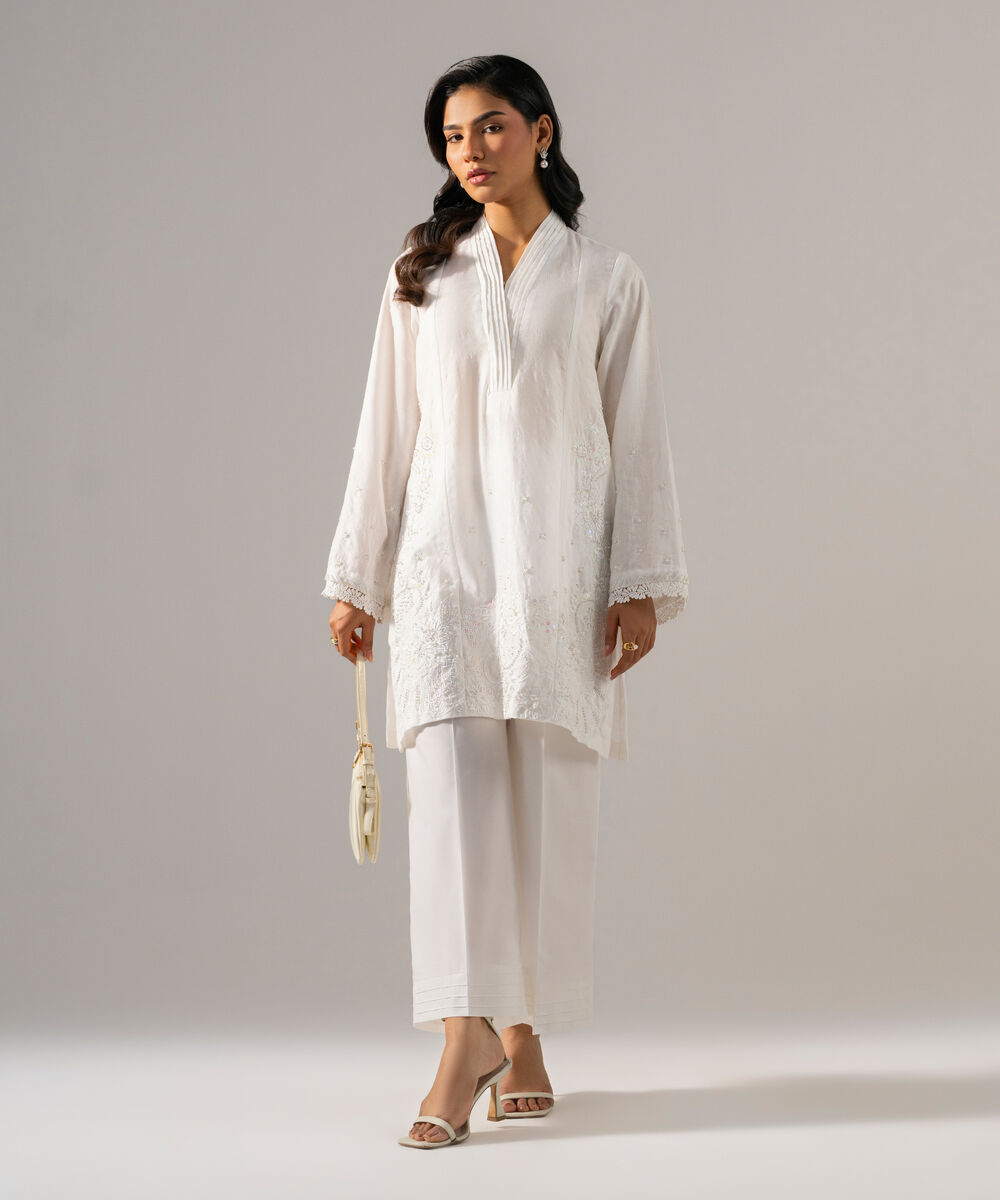 Women's RTW Self Jacquard Solid Embroidered Off White 2 Piece Suit