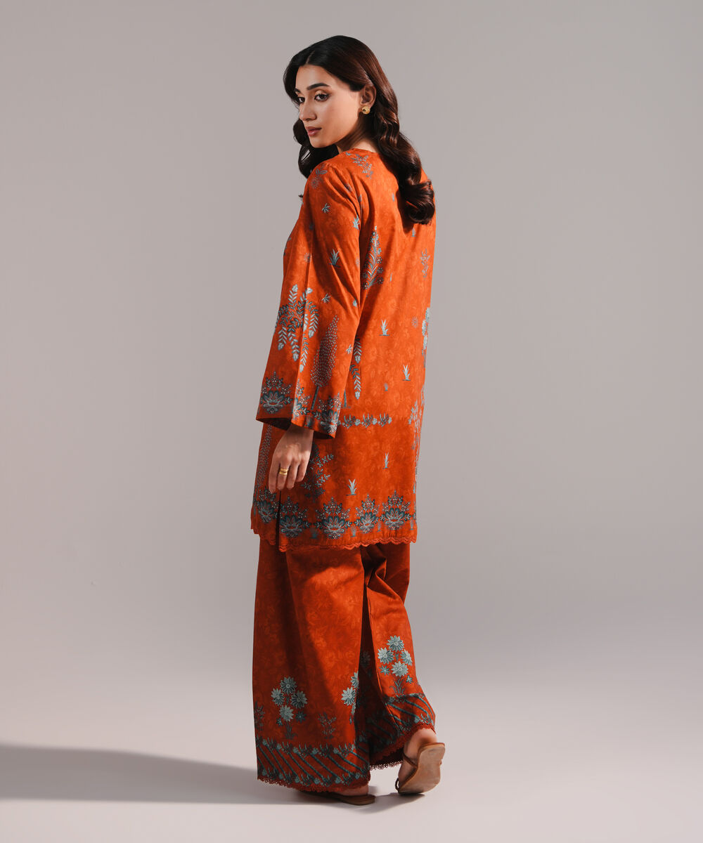 Women's RTW Lawn Printed Rust 2 Piece Suit