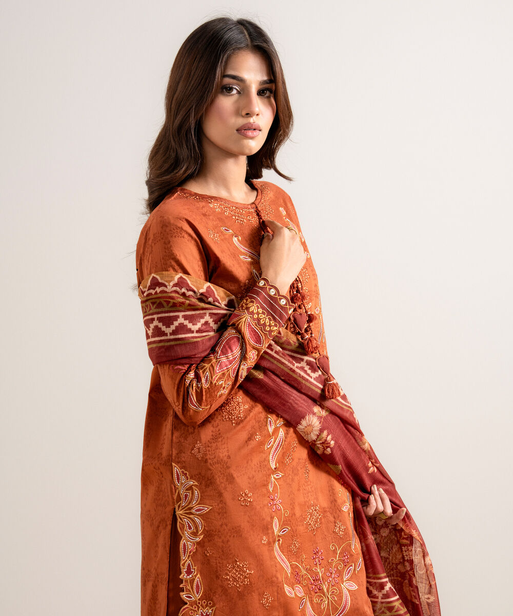 Women's Unstitched Embroidered Cotton Jacquard Rust 3 Piece Suit