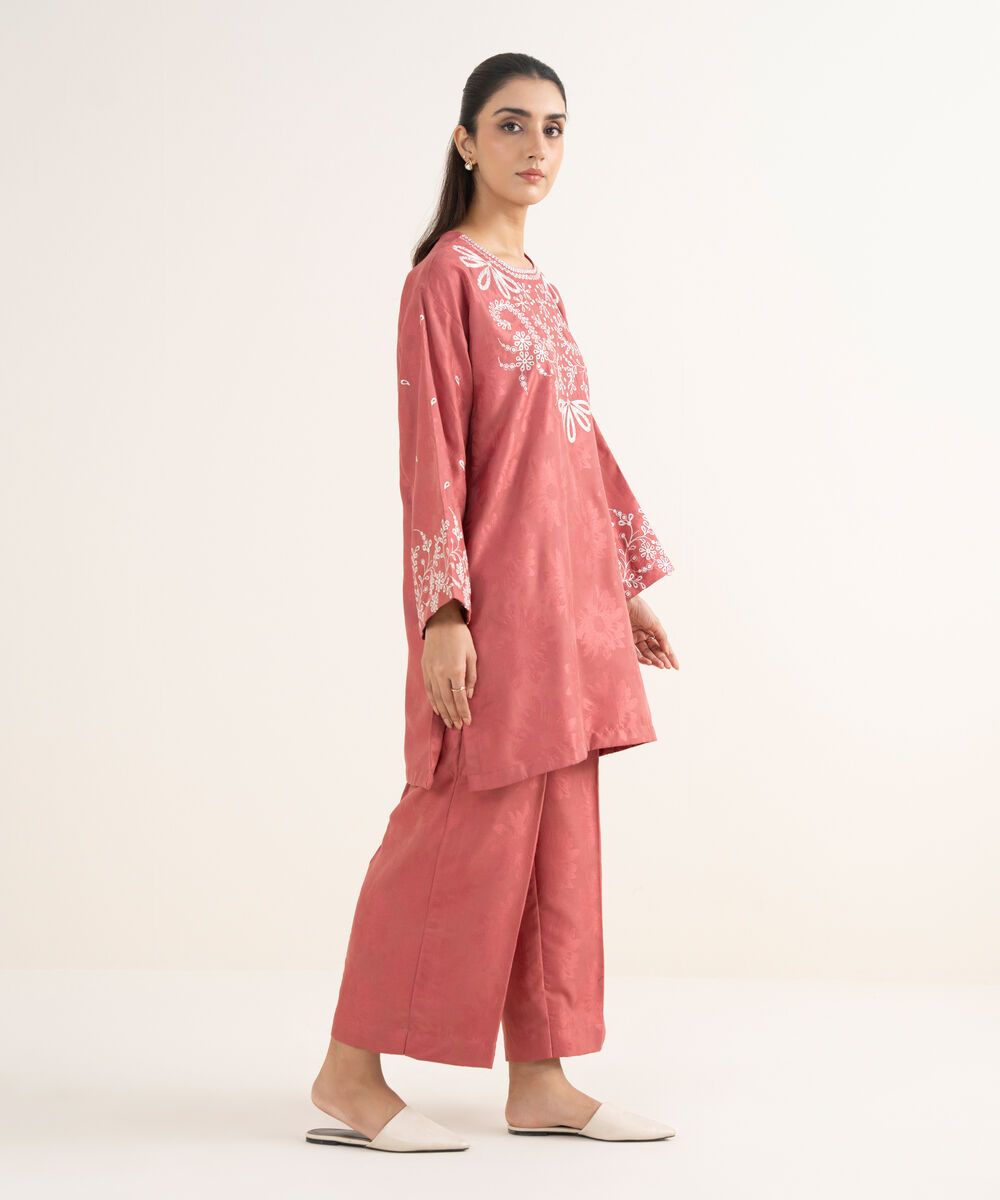 Women's RTW Jacquard Embroidered Peach Drop Shoulder Shirt