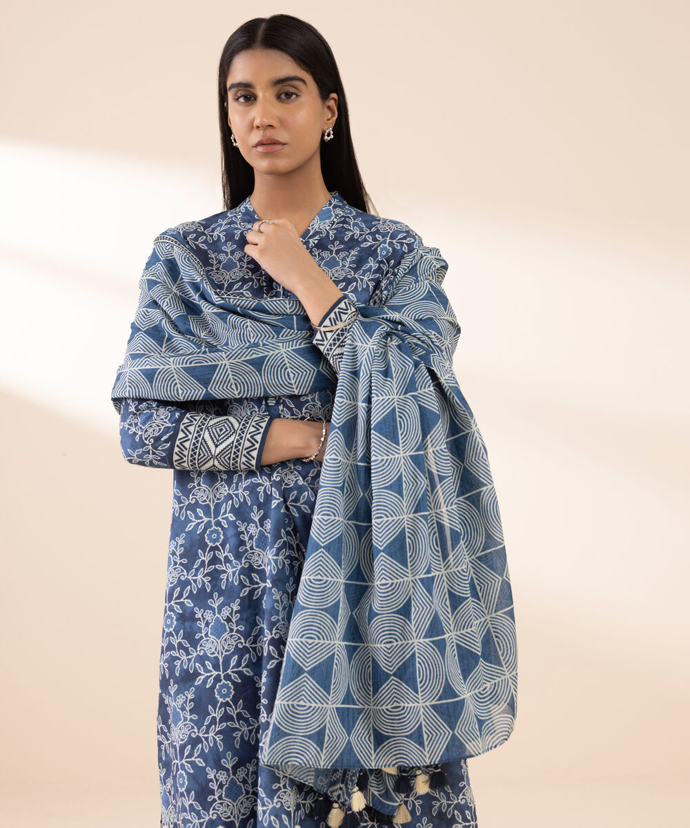 Women's Unstitched Lawn Printed Blue 3 Piece Suit