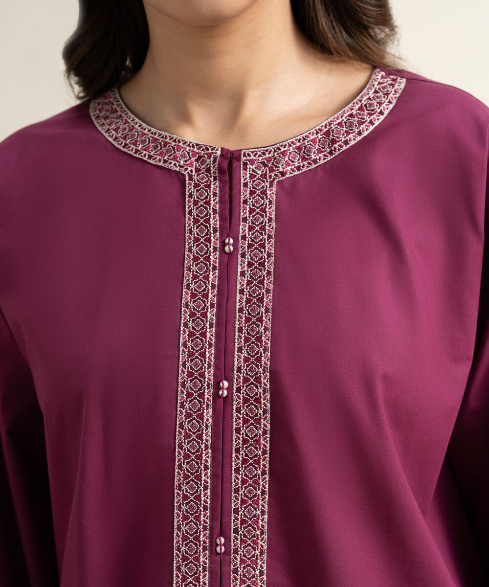 Women's RTW Cambric Embroidered Purple Boxy Shirt