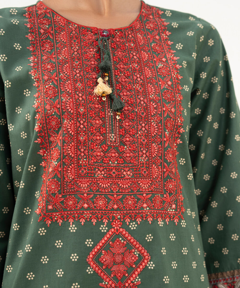 Women's RTW Cambric Green Embroidered A-Line Shirt