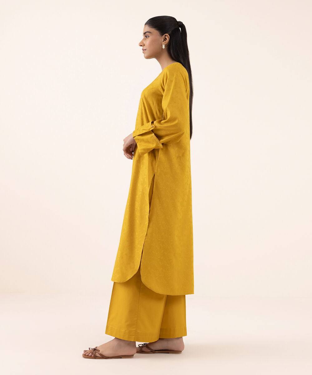 Women's RTW  Arabic Self Jacquard Leno  Yellow Dyed Aline Shirt