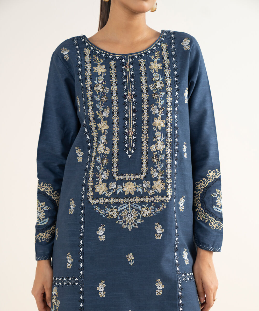Women's Unstitched Textured Cotton Embroidered Blue 3 Piece Suit