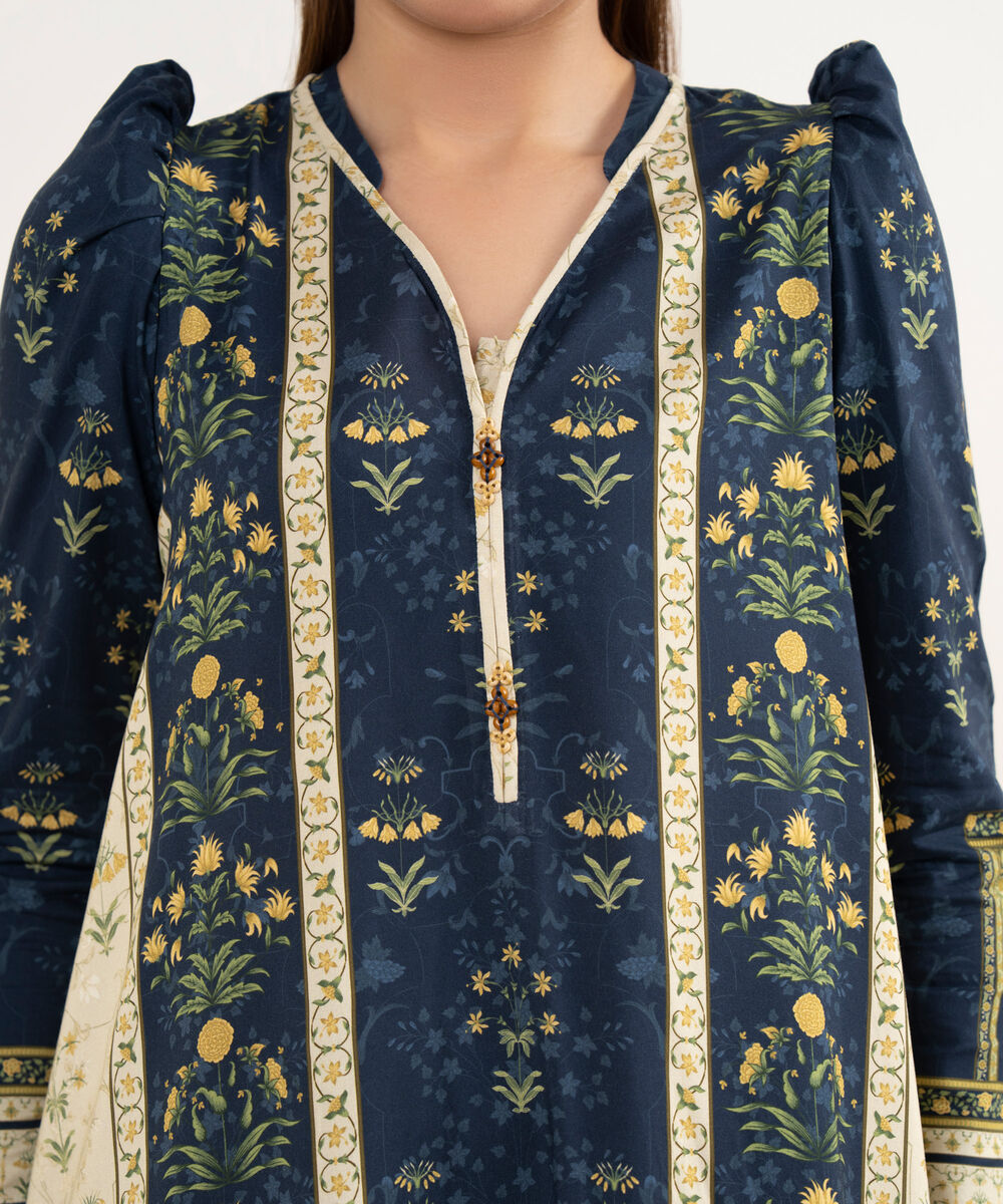 Women's Unstitched Arabic Lawn Printed Blue 3 Piece Suit