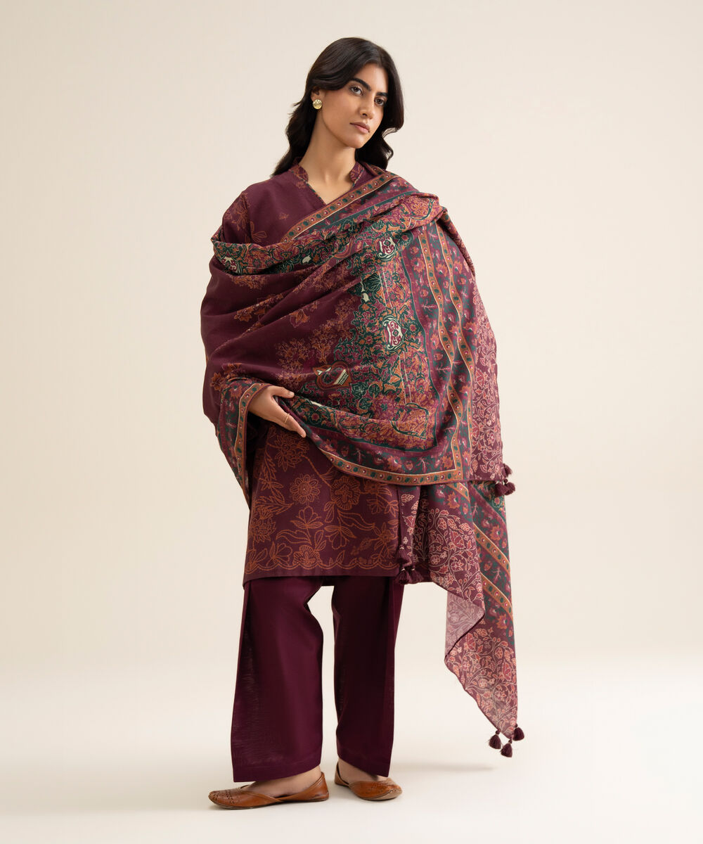 Women's Unstitched Premium Khaddar Printed Maroon 3 Piece Suit