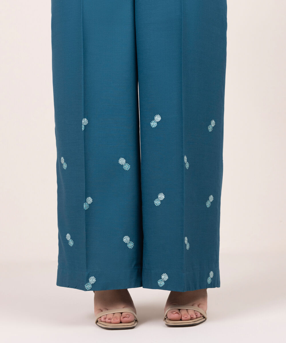 Women's RTW Cotton Viscose Embroidered Blue Culottes