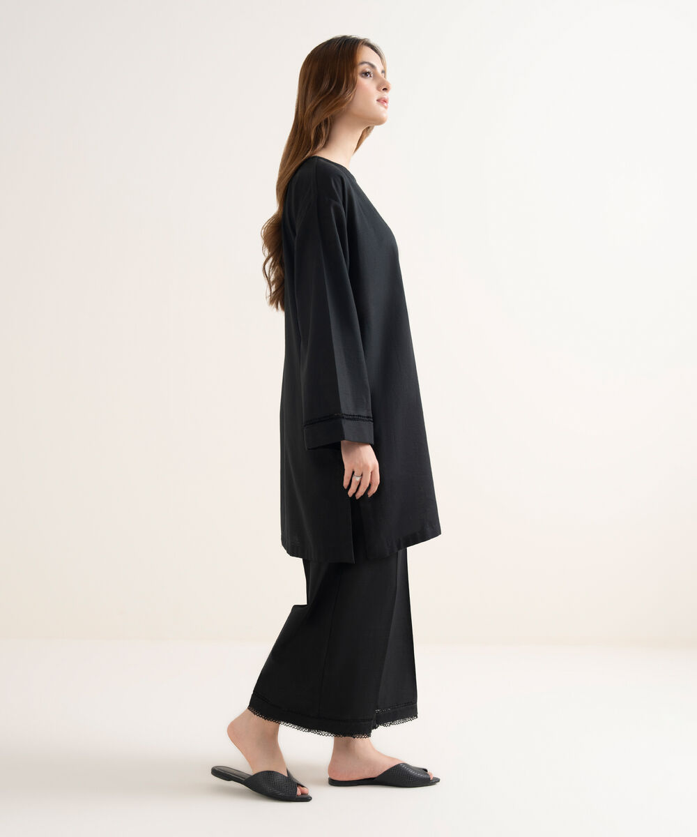 Women's RTW Textured Cotton Solid Drop Shoulder Black Shirt