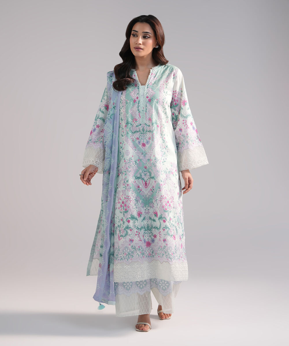 Women's RTW Lawn Embroidered Blue 3 Piece Suit