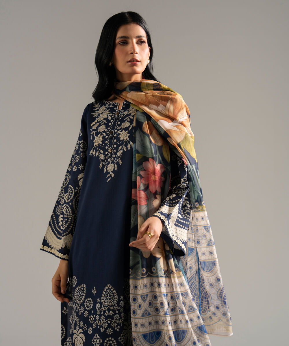 Women's RTW Slub Lawn Printed Blue 3 Piece Suit