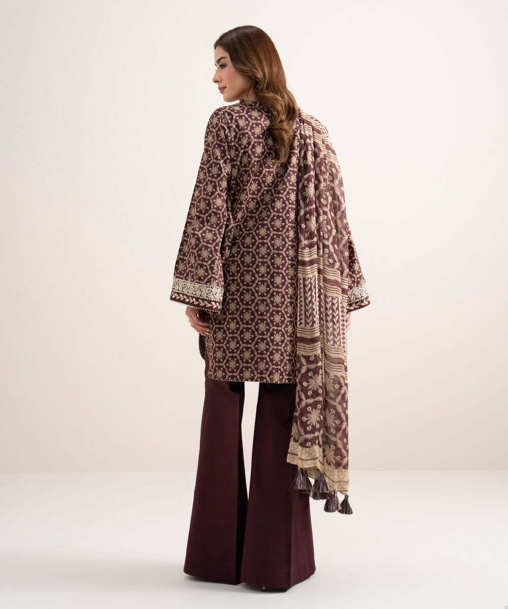 Women's Unstitched Lawn Embroidered Brown 3 Piece Suit