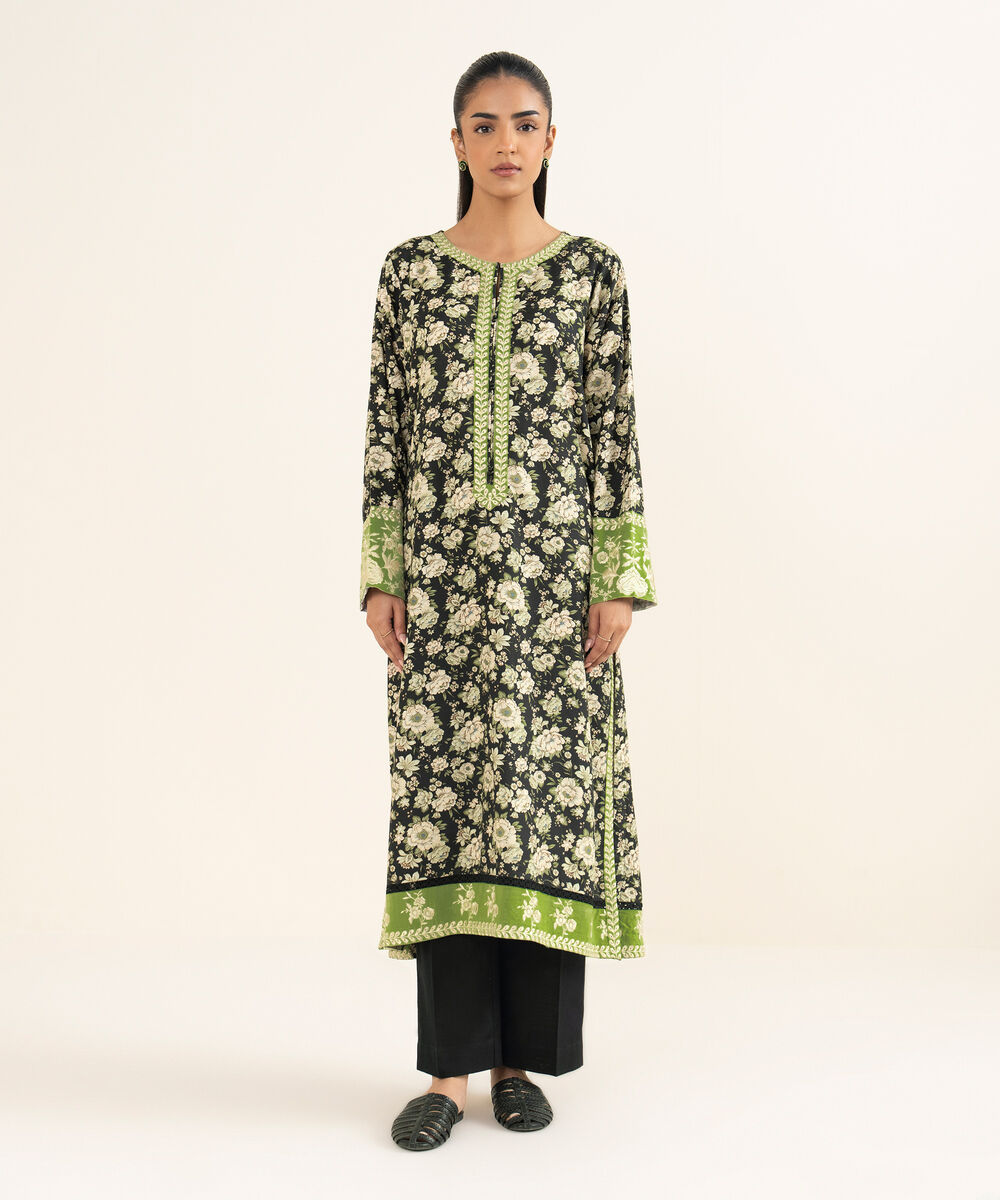 Women's RTW Light Khaddar Embroidered Black A-Line Shirt