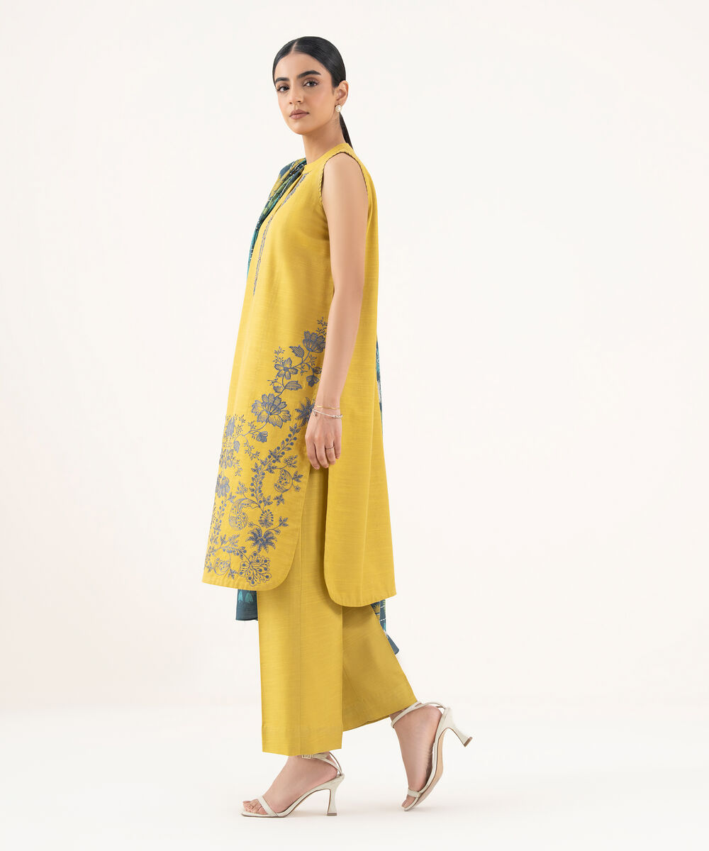 Women's Unstitched Khaddar Embroidered Yellow 3 Piece Suit
