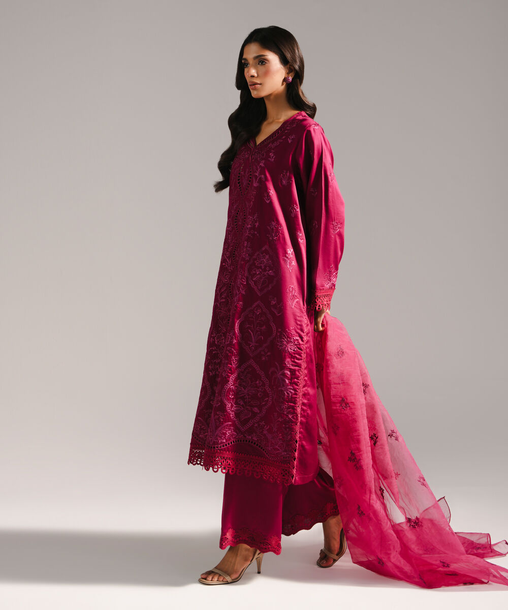 Women's RTW Cotton Satin Embroidered Plum 3 Piece Suit