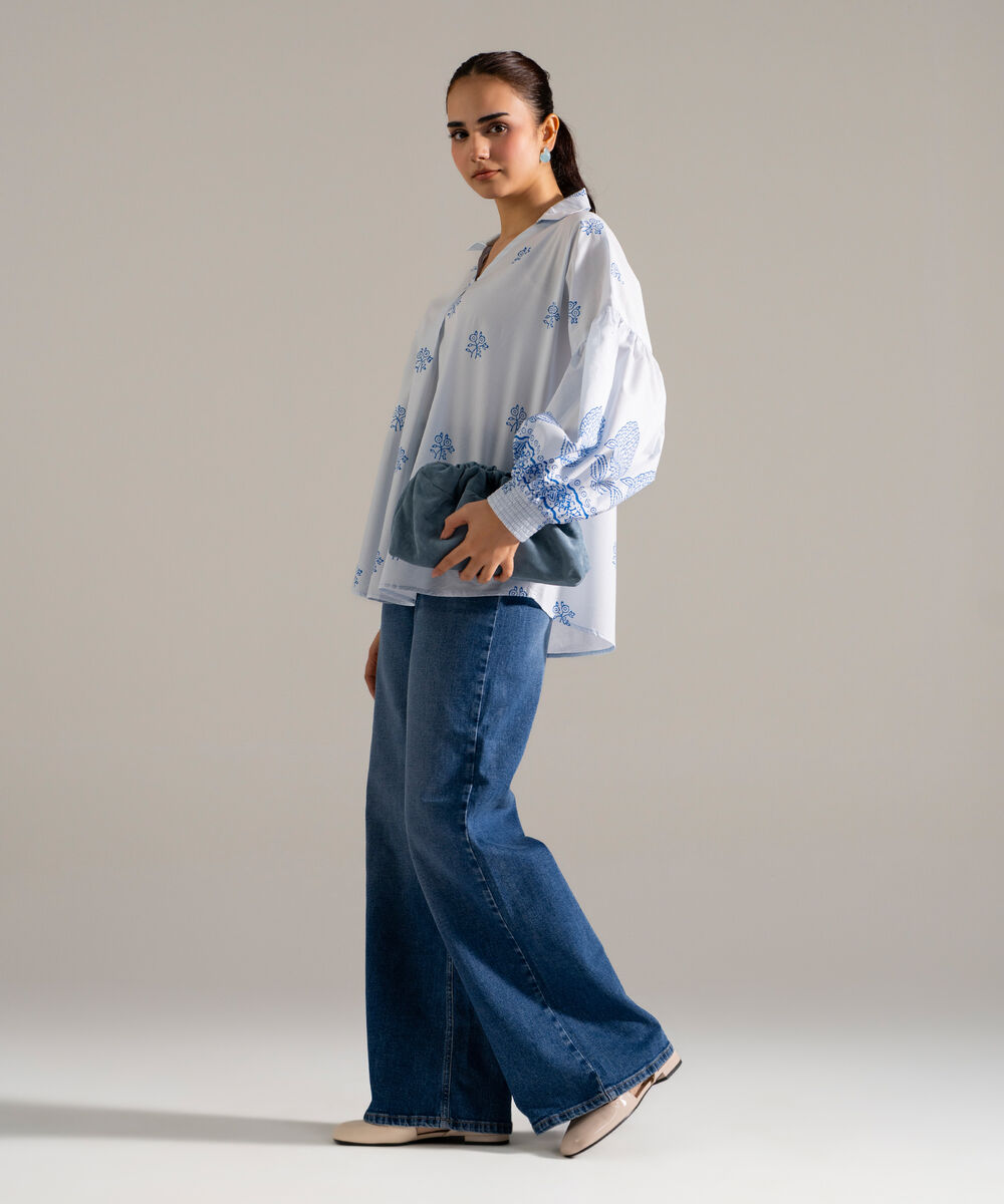 Women's RTW Lawn Printed Blue Drop Shoulder Shirt